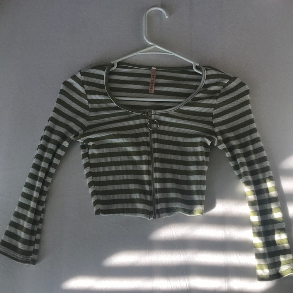 THRIFTED Green and White Striped Crop Long Sleeve